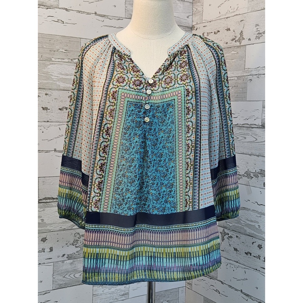 Fig and Flower Womens Boho Sheer Blouse Small Floral Geometric Print